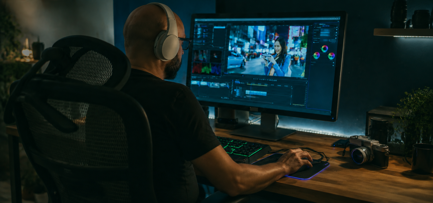 A video editor reviewing footage at a professional editing workstation