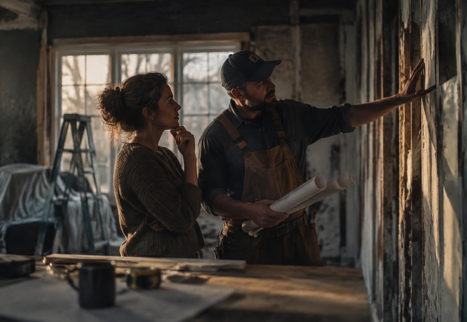 A contractor reviewing plans with homeowners outside a residential project